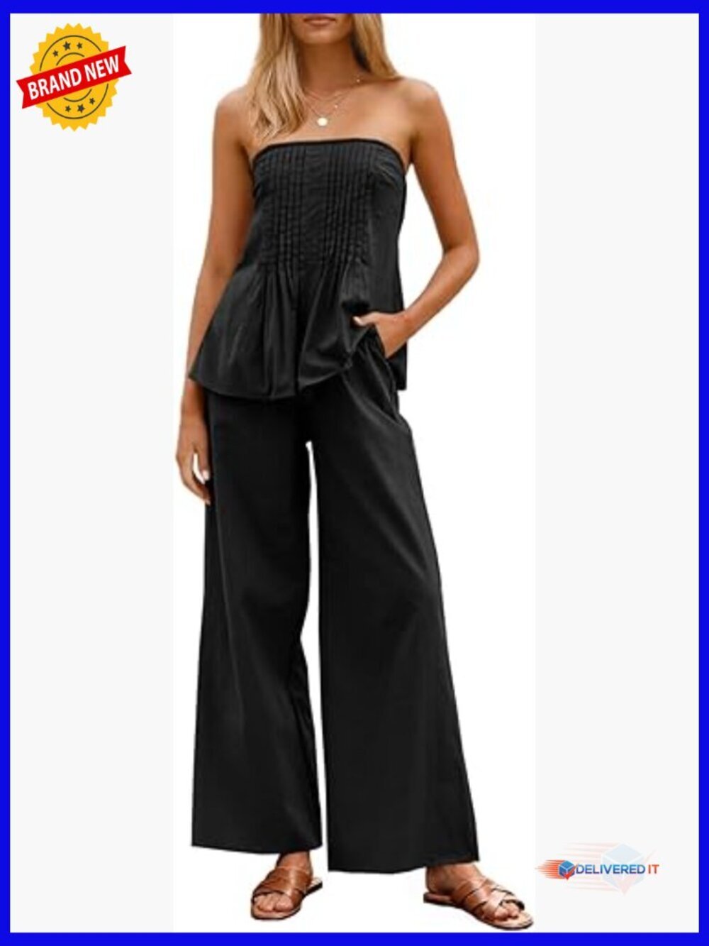 Strapless Tube Top & Wide Leg Pant Set Cotton Loungewear Sleeveless Vacation